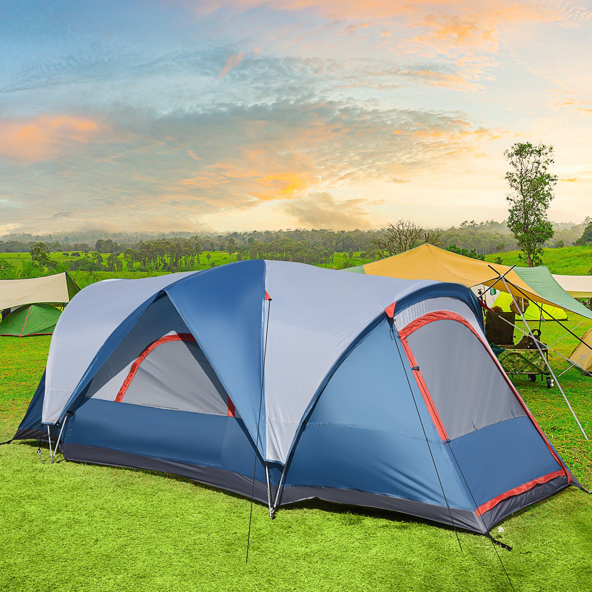 Outsunny Faltzelt Campingzelt für 4 Personen, Personen: 4 (Gruppenzelt mit Tragetasche, 45 tlg., Tunnelzelt), BxLxH: 207x475x150 cm