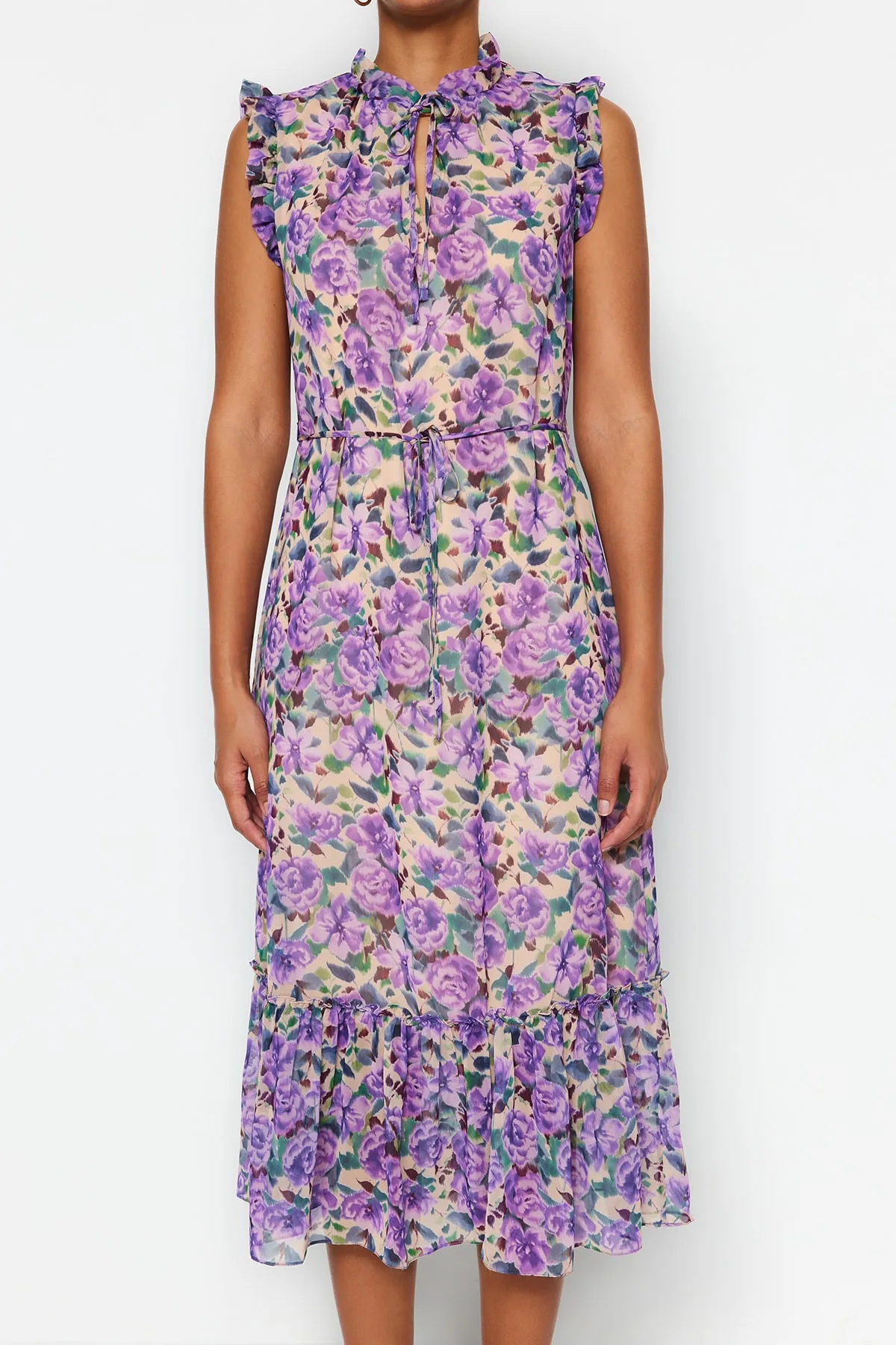 Trendyol Collection  Mehrfarbig gemustertes Midi-Gewebekleid in A-Linie/Glockenform TWOSS23EL01840