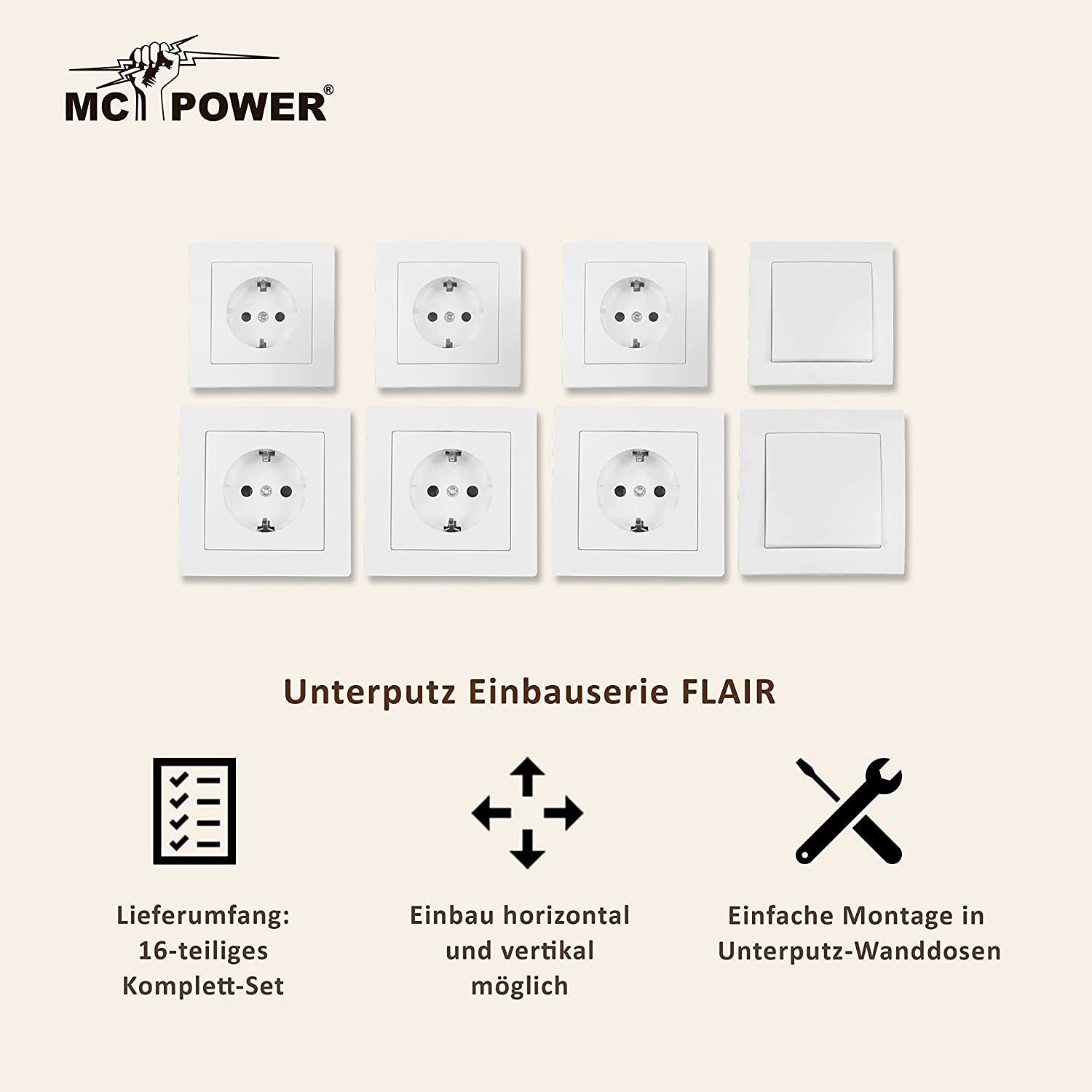 McPower Steckdose Schalter und Steckdosen Set McPower Flair Einsteiger, 16-teilig, weiß