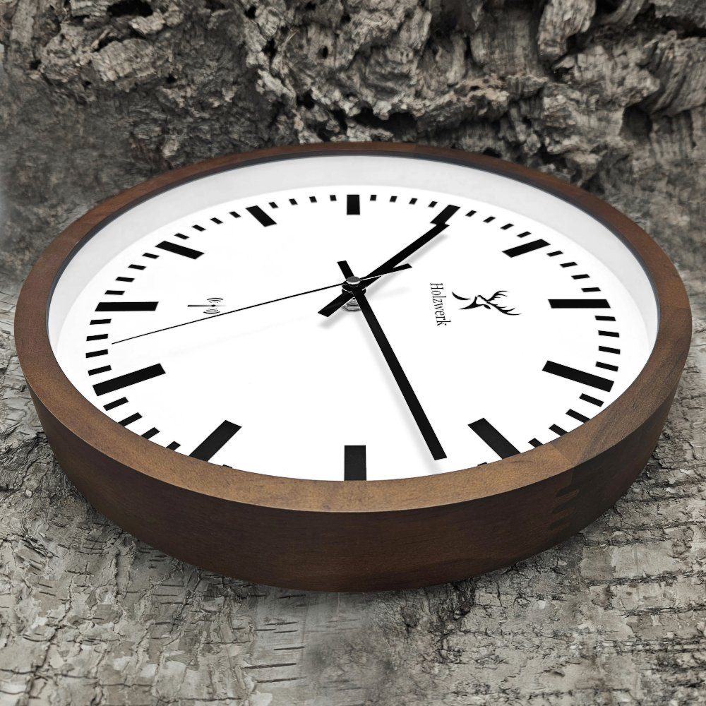 Holzwerk Funkwanduhr HOMBURG Bahnhofs Funk Holz Wand Uhr, braun, weiß (lautlos ohne Tickgeräusche, 30 cm)