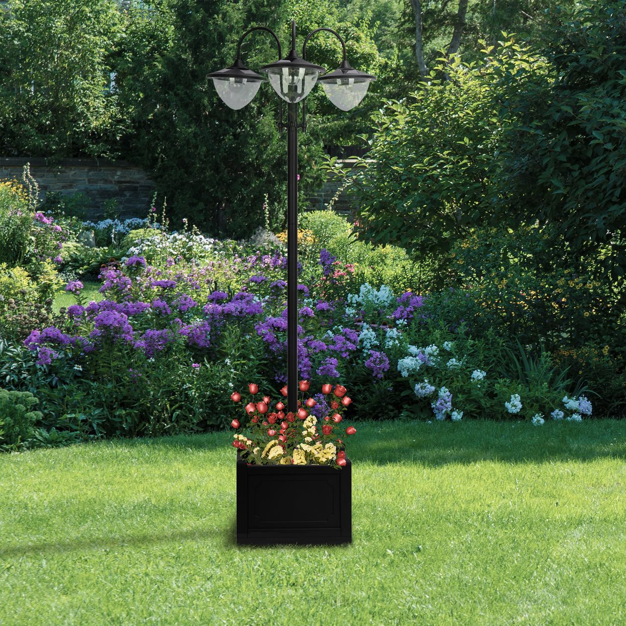 Outsunny Solarleuchte Gartenlicht 3-köpfige Lampe mit Blumentopf-Basis