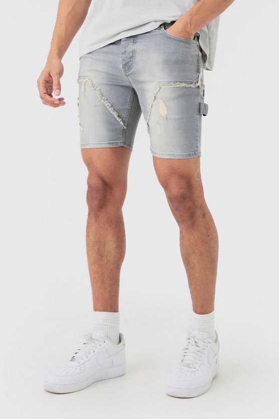 Zerrissene Skinny Stretch Jeansshorts in Antik-Grau