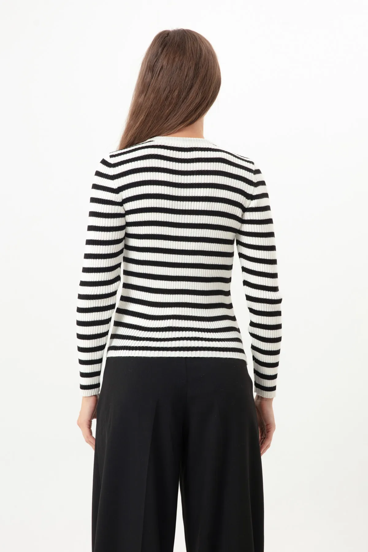 Lafaba  Weiß gestreifter, gerippter Lycra-Strickpullover für Damen