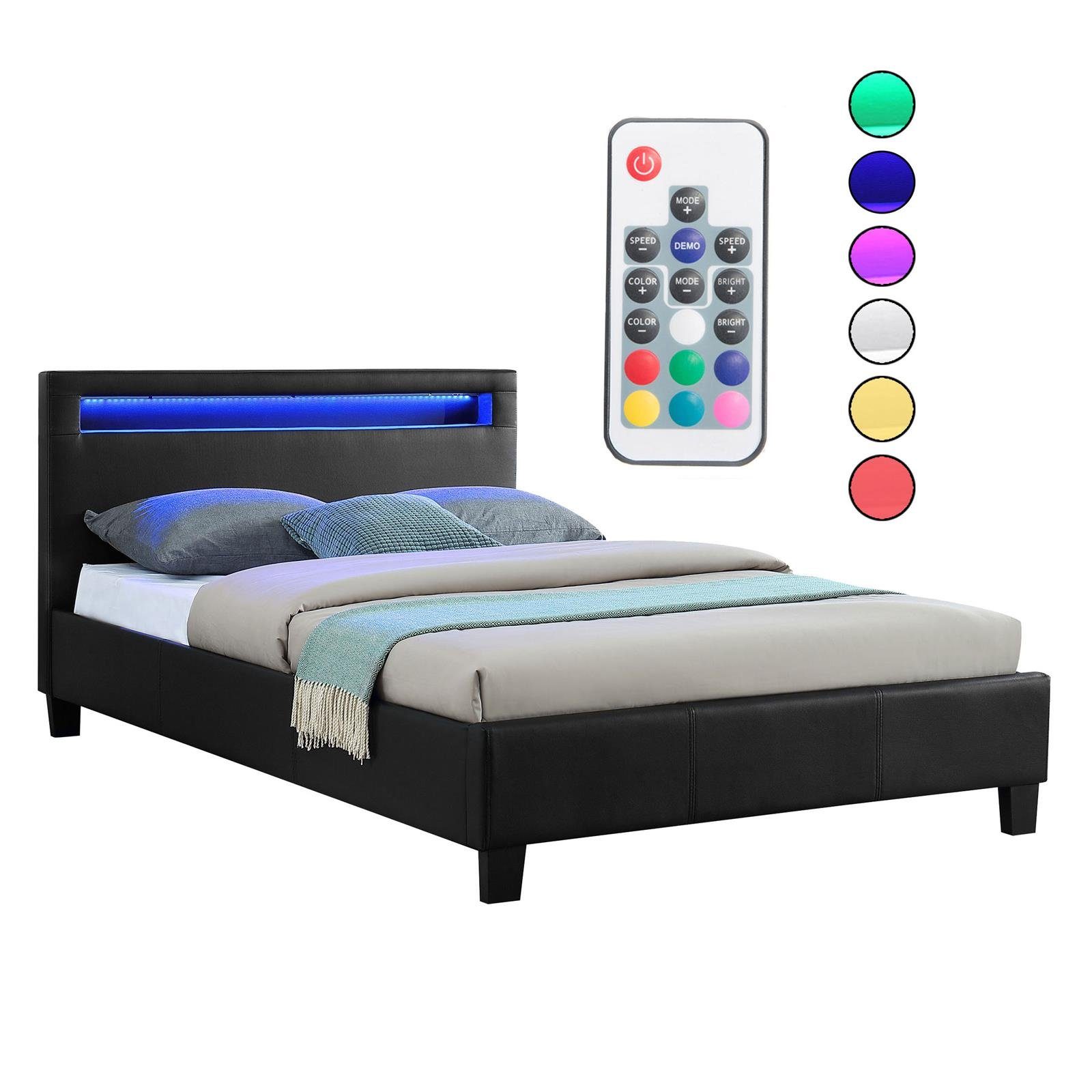 CARO-Möbel Polsterbett MIRASOL, Polsterbett Einzelbett Doppelbett Jugendbett mit LED 120 x 200 cm schw