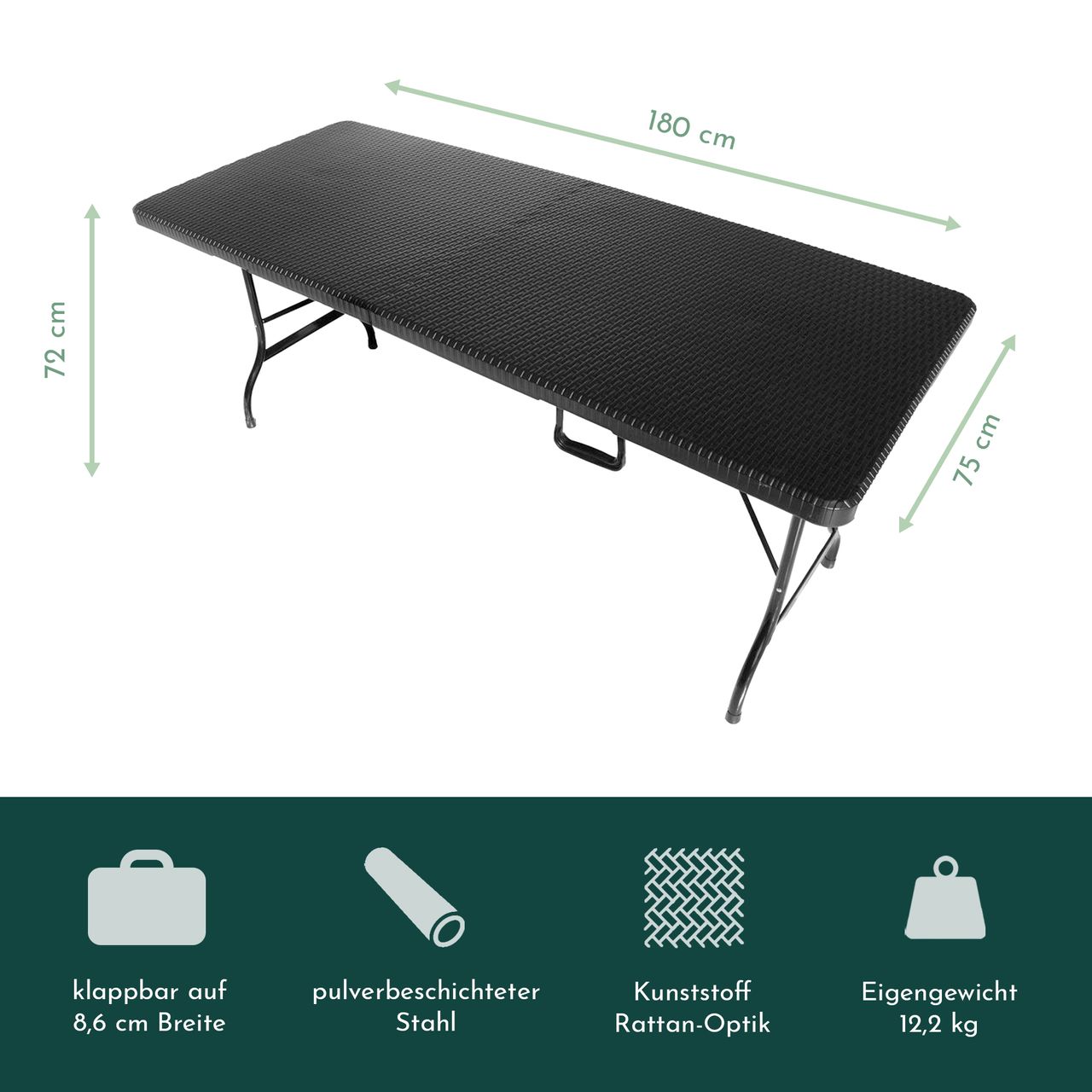 Lemodo Gartentisch in Rattan Optik, Klapptisch 180 x 75 cm, Buffettisch bis 150 kg belastbar