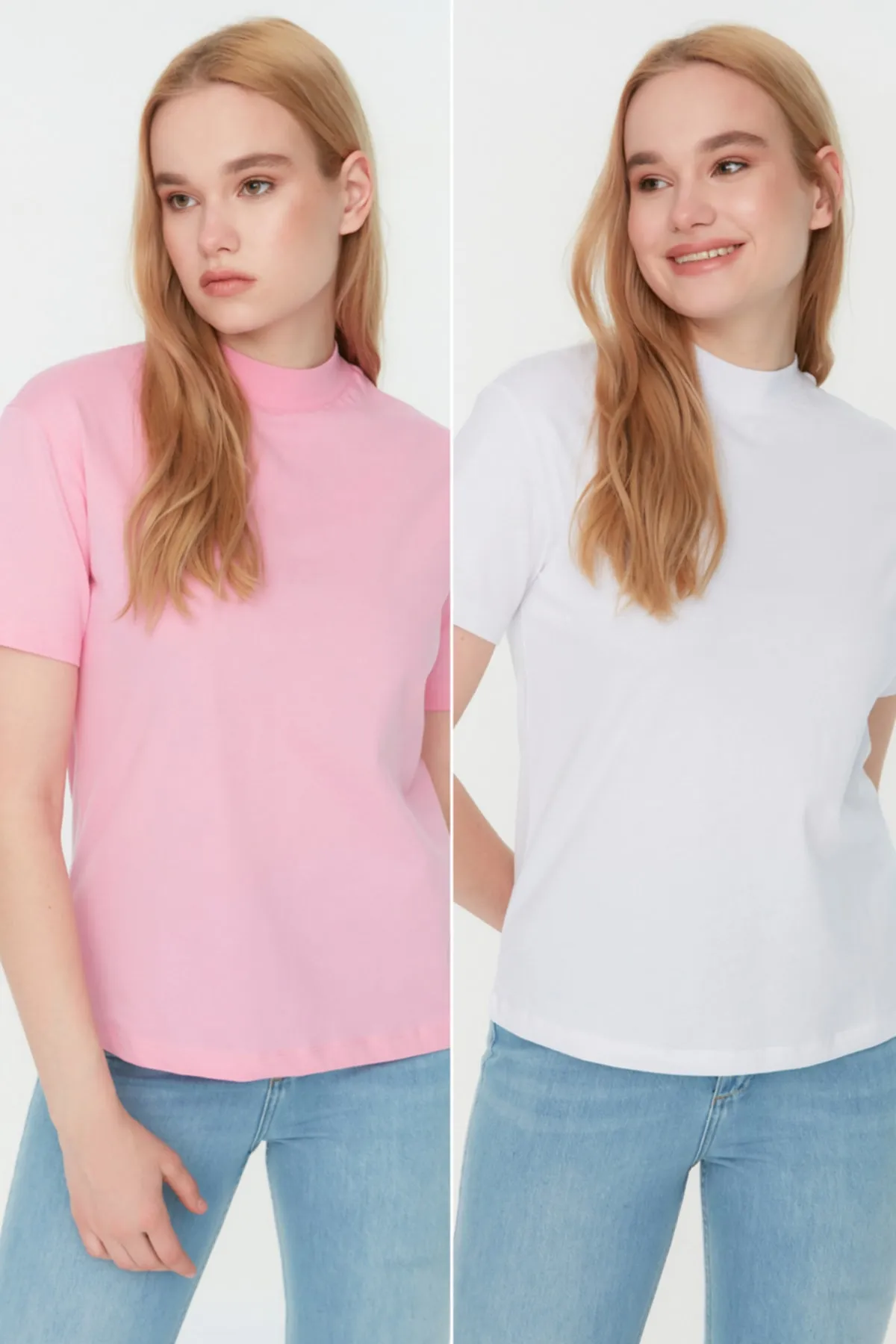 Trendyol Collection  Rosa-weißes 2er-Pack Basic-Strick-T-Shirts mit Stehkragen aus 100 % Baumwolle TWOSS20TS1500