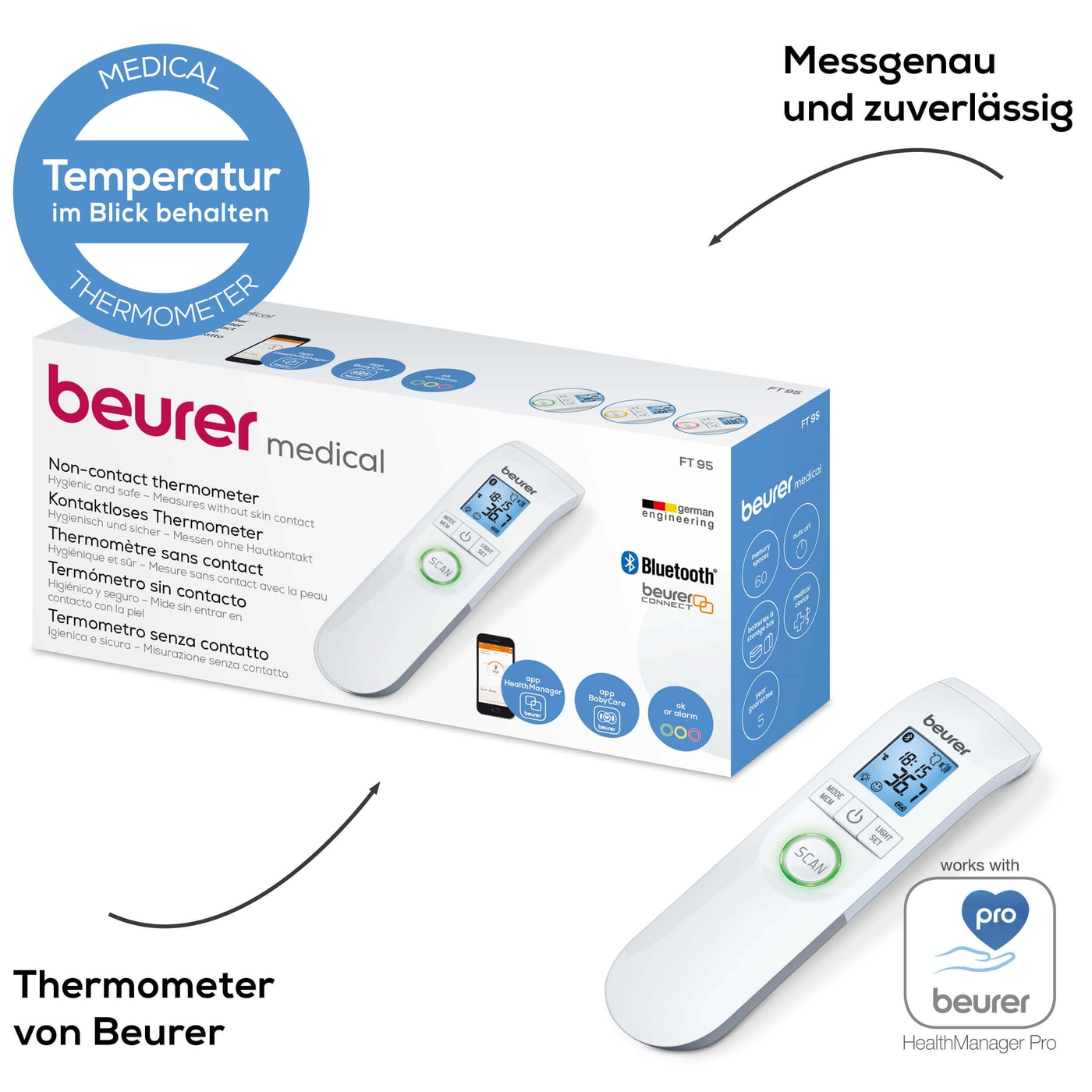Beurer kontaktloses Thermometer FT 95 <i>Bluetooth</i>®-Fieberthermometer kontaktlos mit Anbindung an HealthManager & BabyCare App