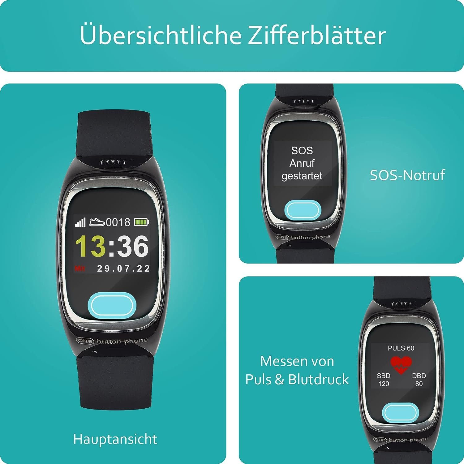 one button phone Notrufuhr mit GPS-Ortung und Telefonfunktion, SOS-Knopf für Senioren Smartwatch