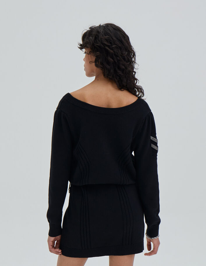 Robe courte noire en maille jeux de points chevrons femme