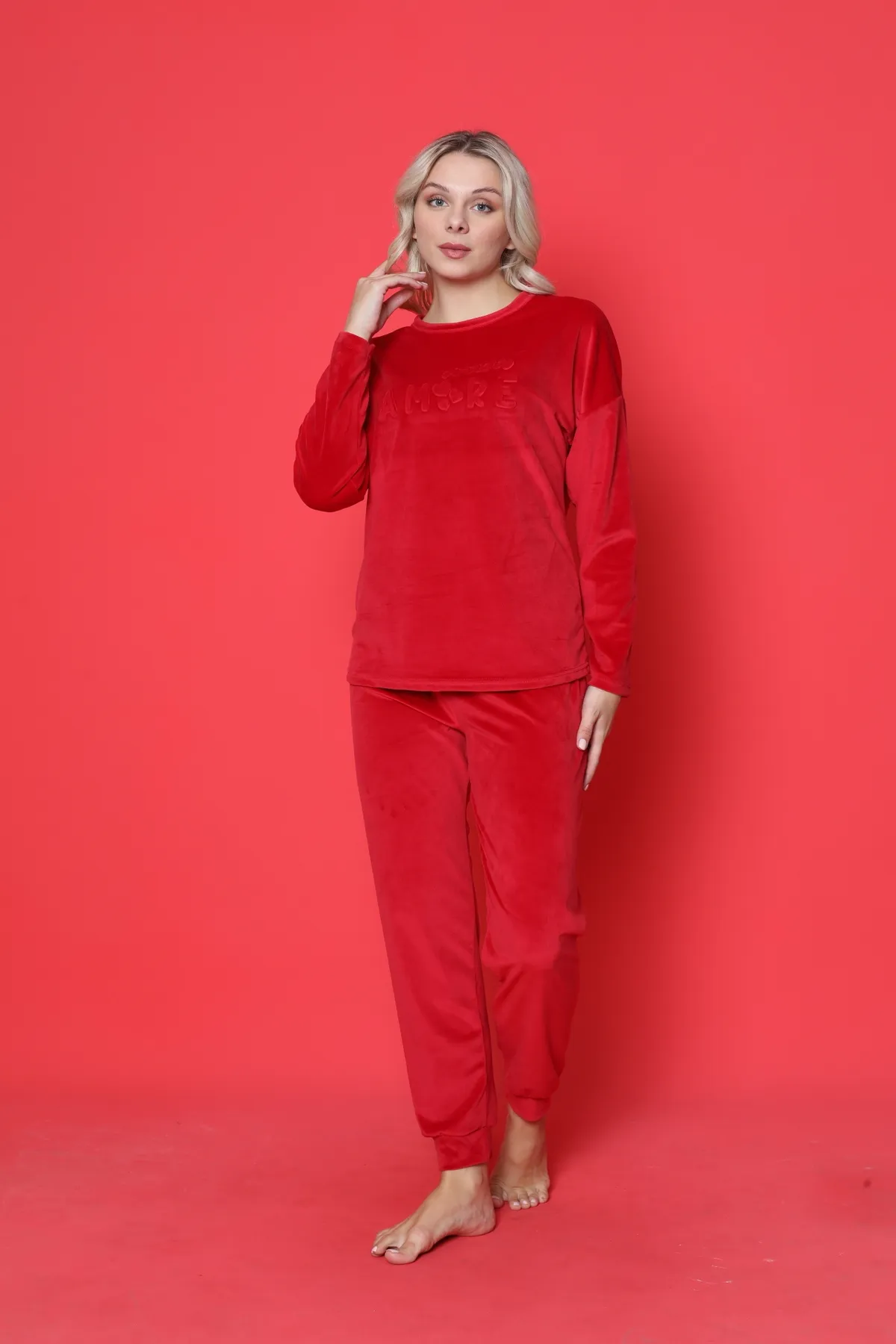 AHENGİM  Pyjama-Set für Jugendliche, französischer Samt, Amore, bedruckt, mit Spatenmanschette, Winter, saisonal, W20432250