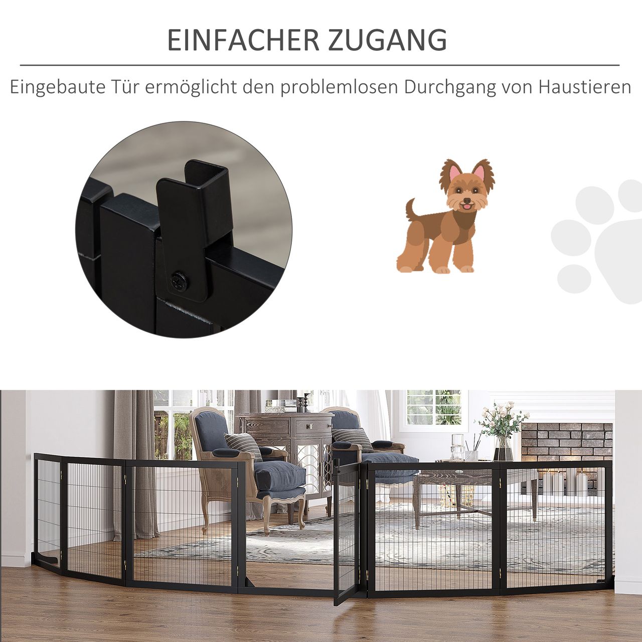 PawHut Türschutzgitter Absperrgitter für Hunde Schutzgitter Hundegitter Sicherheitstür Bidirektionales Falten Kiefernholz Metall Schwarz 432 x 36 x 70 cm