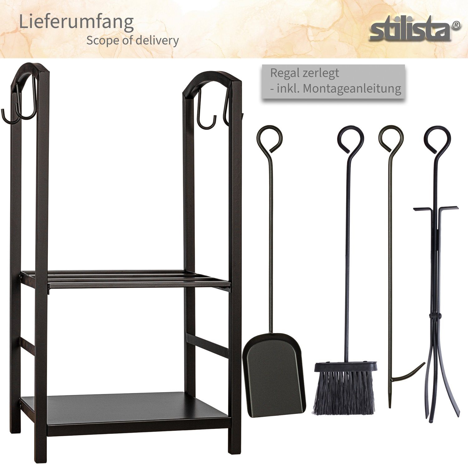 STILISTA Kaminholzregal Brennholzregal Feuerholzregal Kaminholzständer, BxTxH:40,00x30,00x73,00 cm, (Set), 2 Ablagen, mit Schürhaken, Besen, Schaufel, Zange