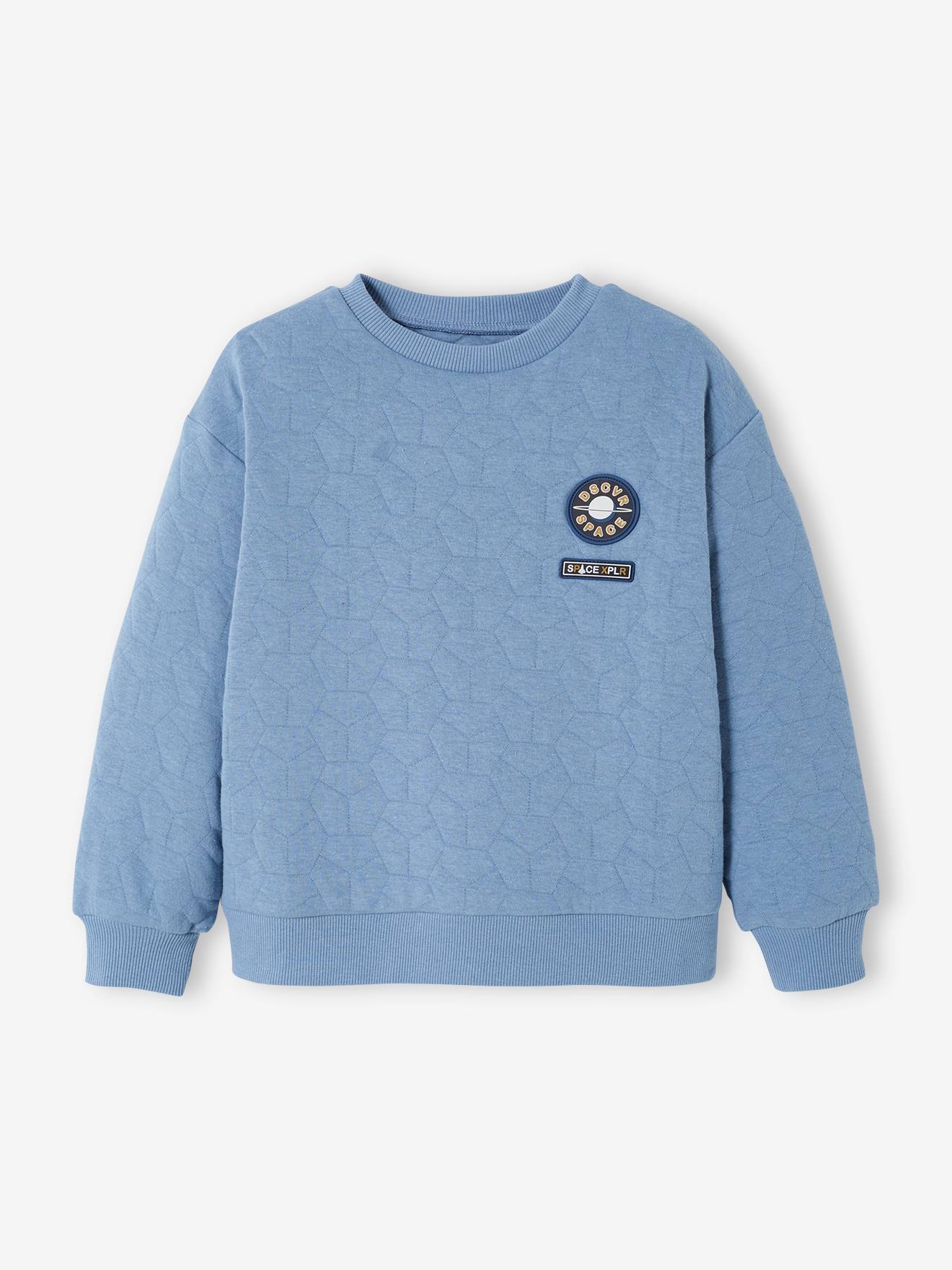 Sweat matelassé garçon badge fantaisie bleu grisé