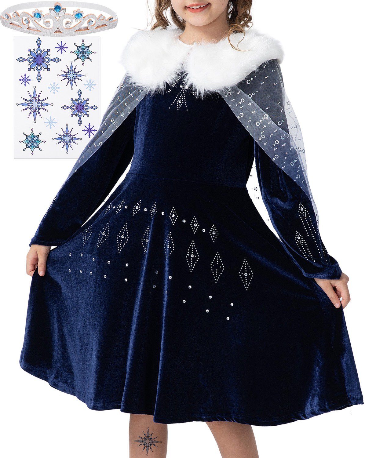 Corimori Prinzessin-Kostüm Elastisches Stella Eiskönigin Kostüm Kleid, mit Tattoos & Diadem, Prinzessinenkleid für Fasching, dunkel-blau
