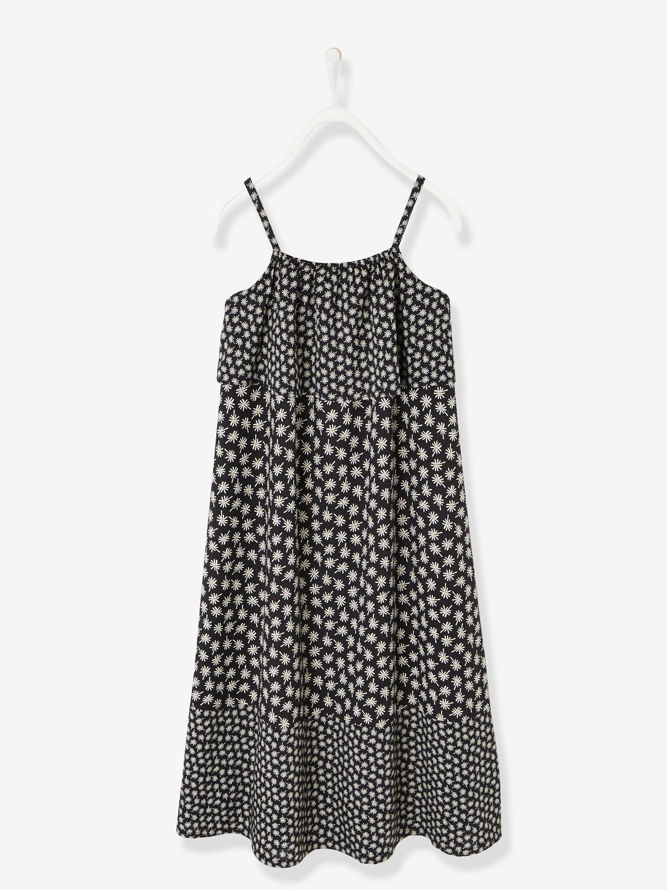 Robe longue à volants noir imprimé