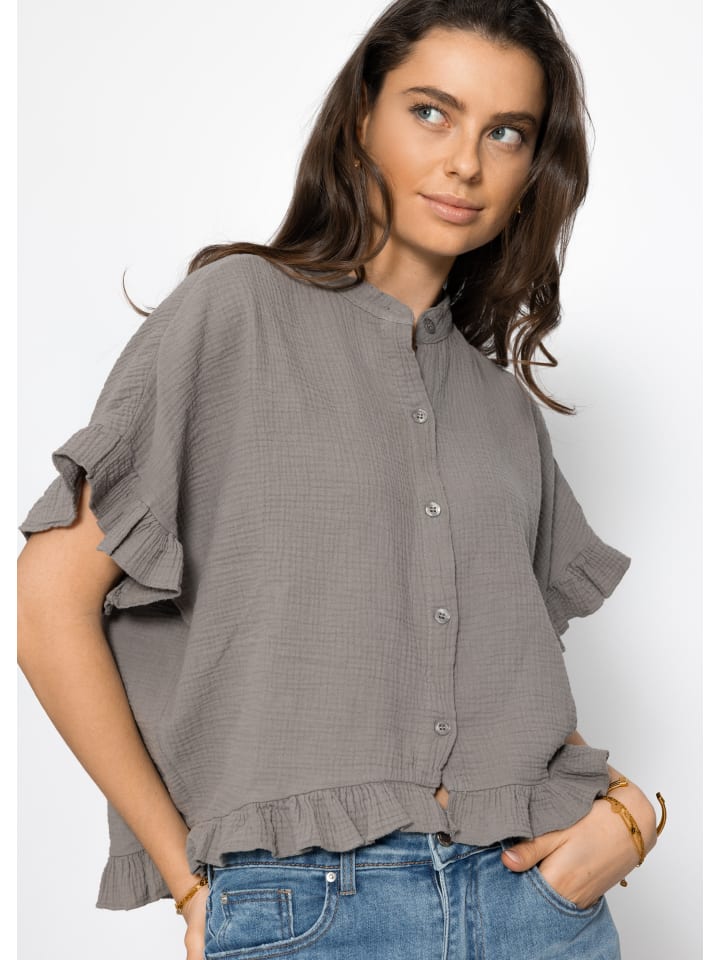 SASSYCLASSY Musselin Bluse mit Rüschensaum in Taupe günstig kaufen