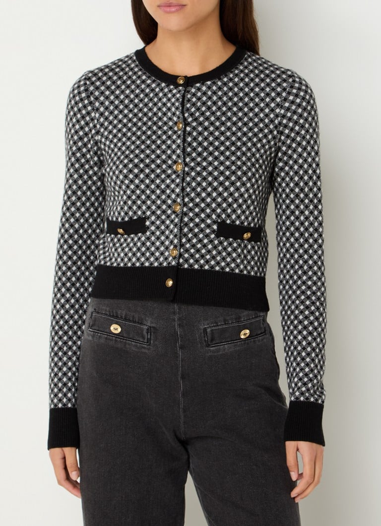 Cardigan corto Sandro in pregiata maglia di misto lana con motivo a quadri.