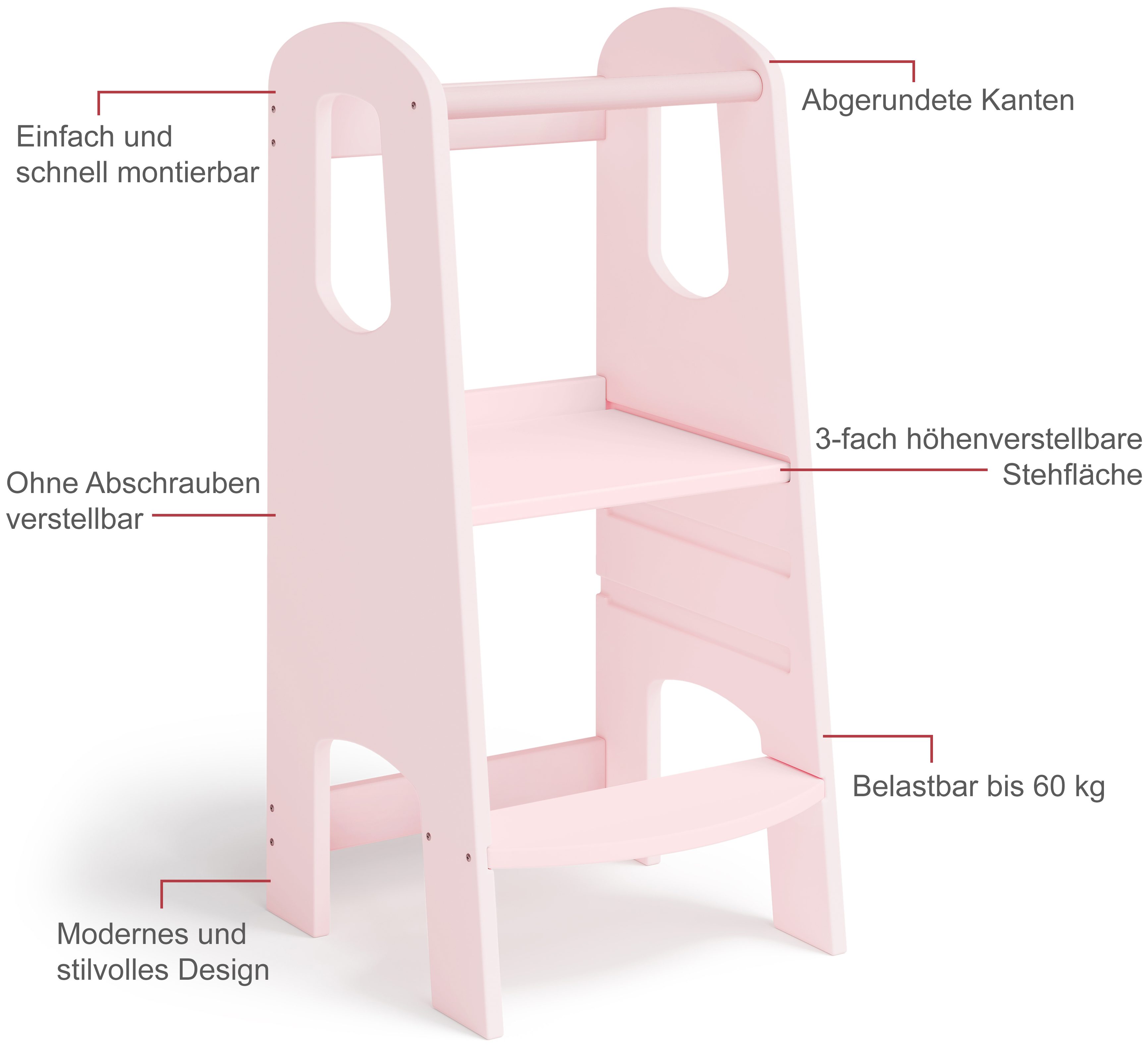 Bellabino Stehhilfe Lernturm Luni, 3-fach höhenverstellbar, aus Birke Sperrholz, rosa