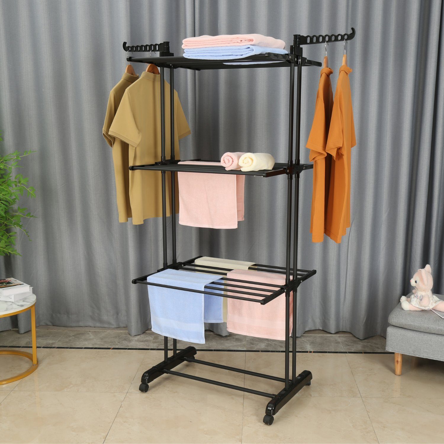 NYVI Turmwäscheständer Wäscheständer Turm LaundryFlex Turmwäscheständer Extra Groß & Stabil, Robuster Edelstahl Platzsparend Einklappbar 360° Räder 50Kg Tragkraft