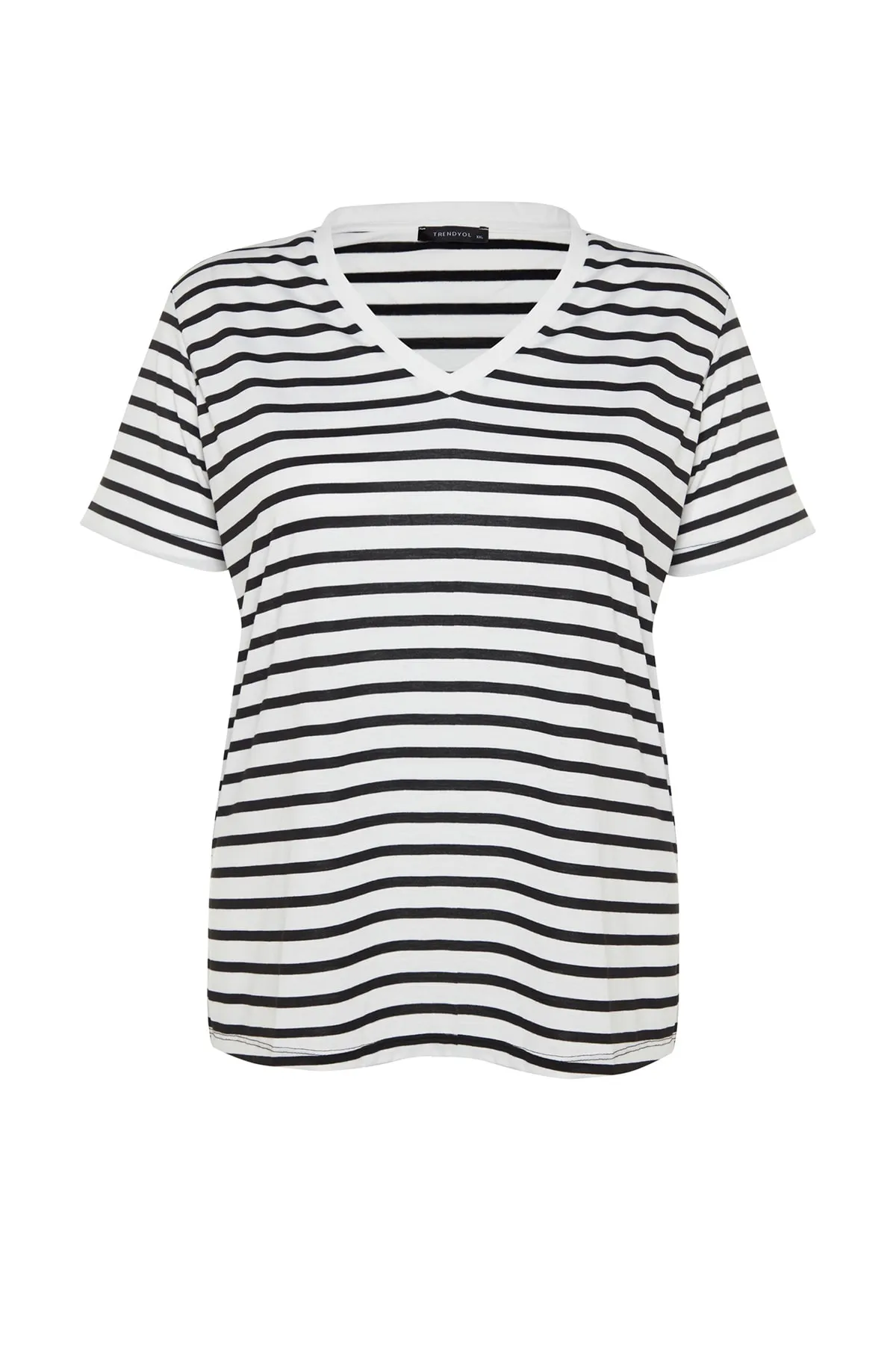 Trendyol Curve  Schwarz-weiß gestreiftes Strick-T-Shirt mit V-Ausschnitt TBBSS23BF00016