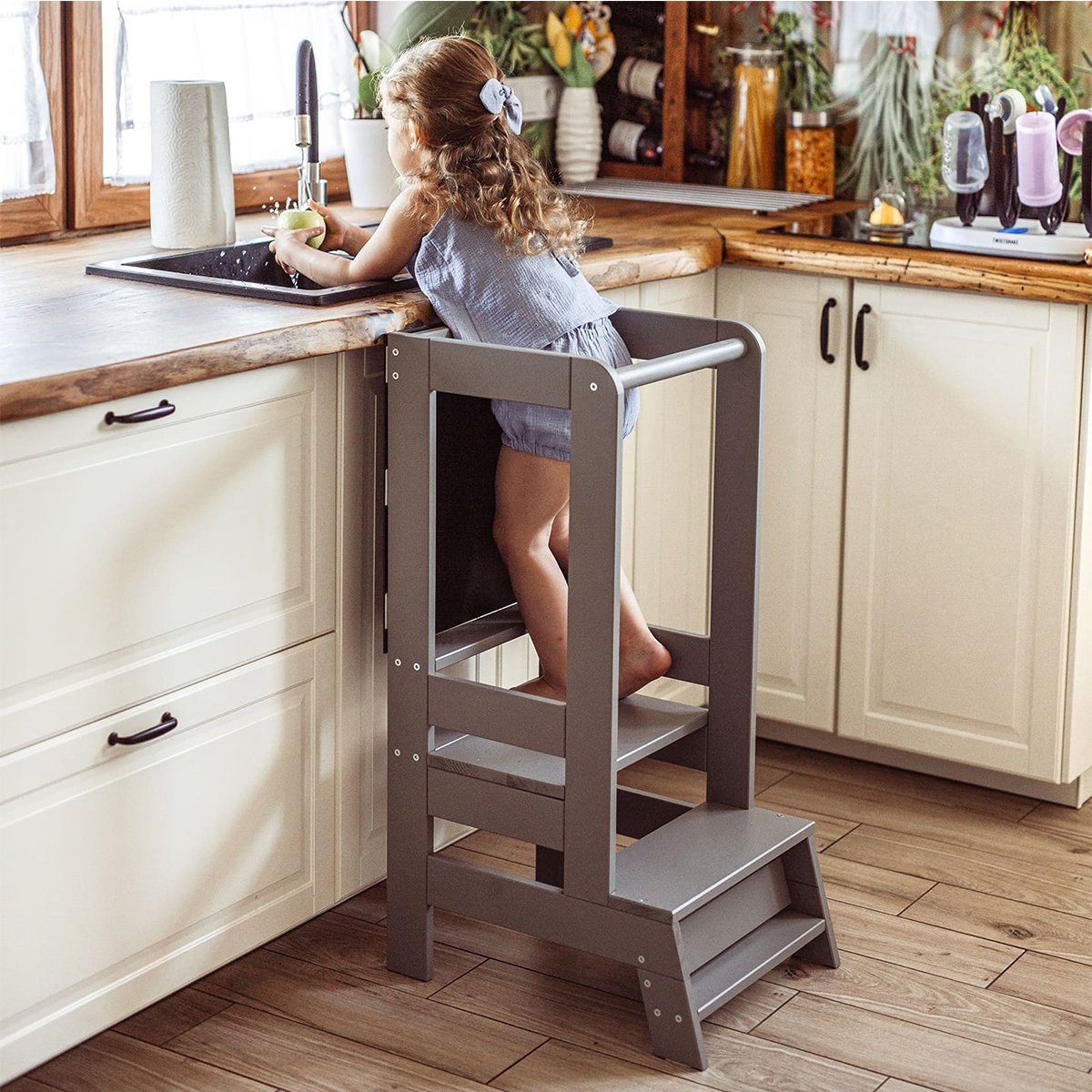 MeowBaby Stehhilfe Lernturm für Kinder Montessori Lernstuhl mit Kreidetafel Dunkelgrau (1 St), Kinderhocker, Höhenverstellbar, Abgerundete Ecken & Kanten