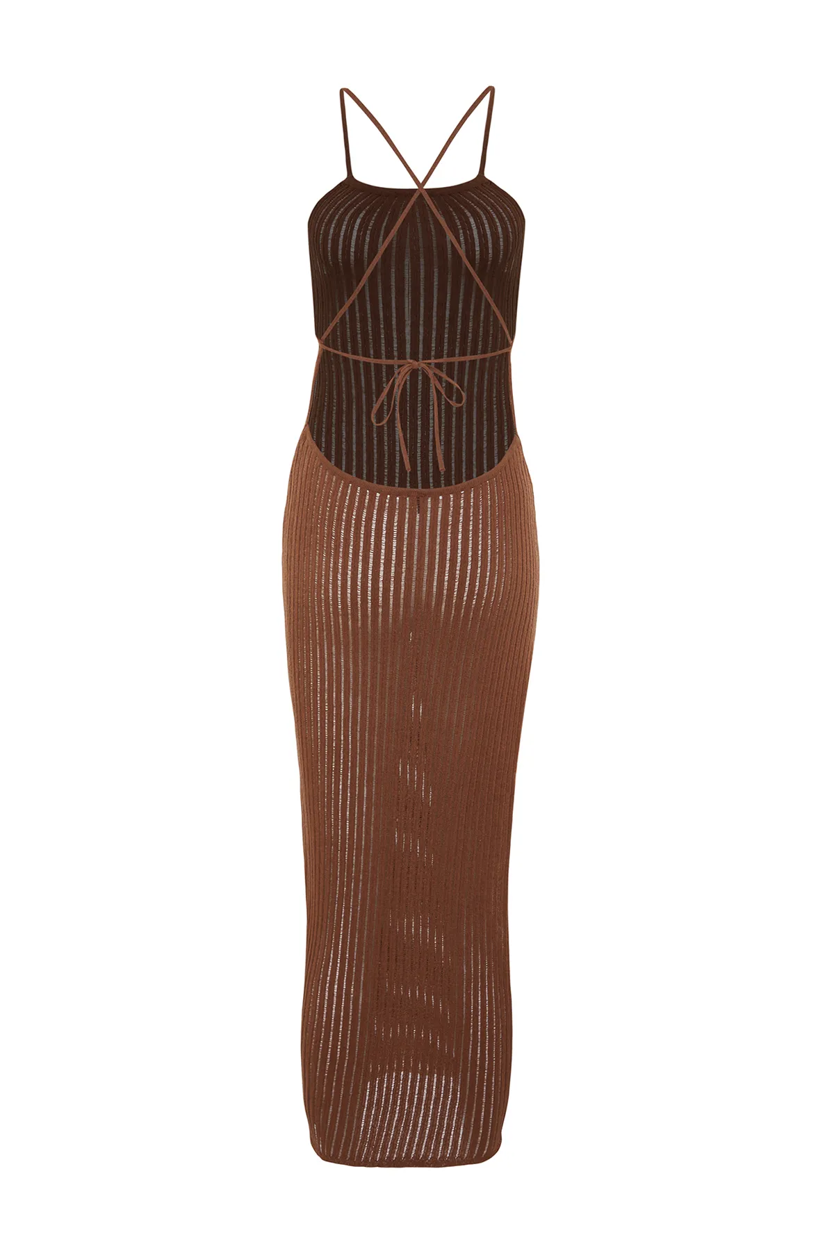 Trendyol Collection  Braunes tailliertes Maxi-Strandkleid mit gestrickter Rückseite und tiefem Ausschnitt in Strickoptik TBESS24EL00054