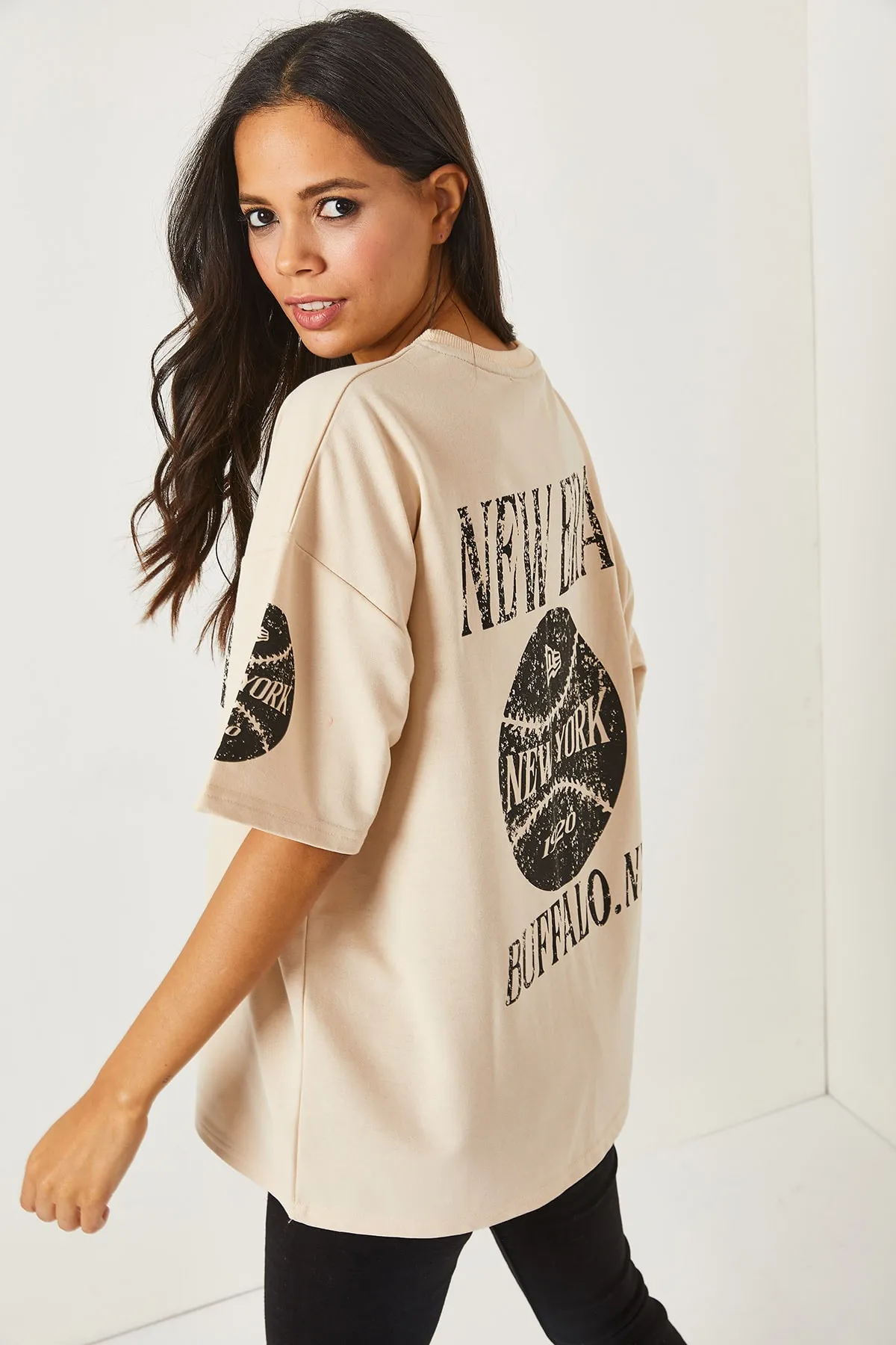 Olalook  Newyork Beige vorne und hinten bedrucktes 2-Faden-Unisex-Oversize-T-Shirt TSH-19000696