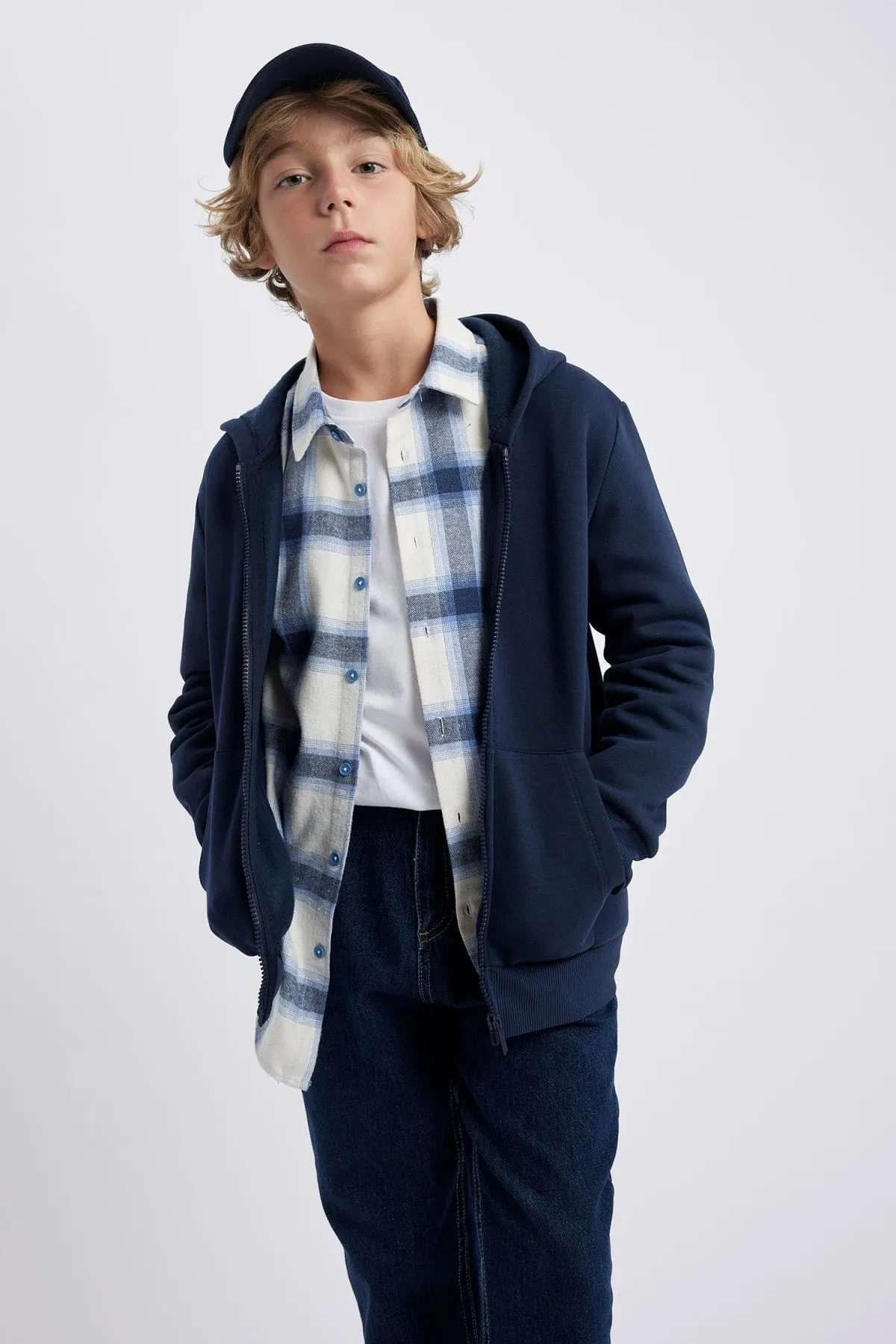 DeFacto  Marineblauer, dicker Sweat-Schul-Cardigan mit Kapuze für Jungen