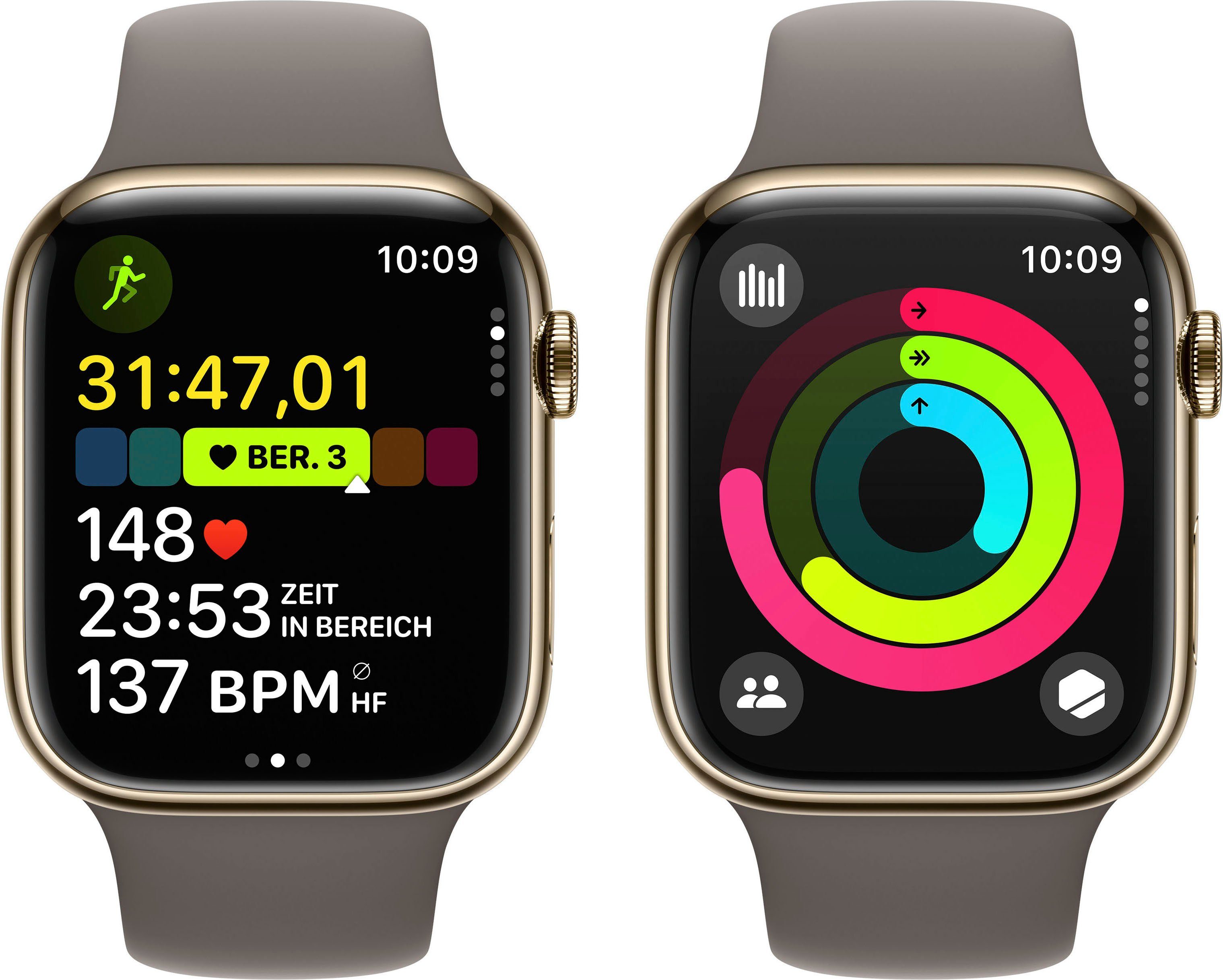 Apple Watch Series 9 GPS + Cellular Stainless Steel 45mm S/M Smartwatch (4,5 cm/1,77 Zoll, Watch OS 10), Sport Band