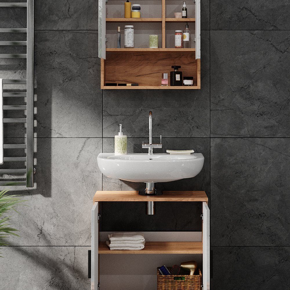 Vicco Badmöbel-Set Badezimmerschrank-Set IRMA Goldkraft-Eiche/Weiß Hochglanz, (2-St., 2-er Set)