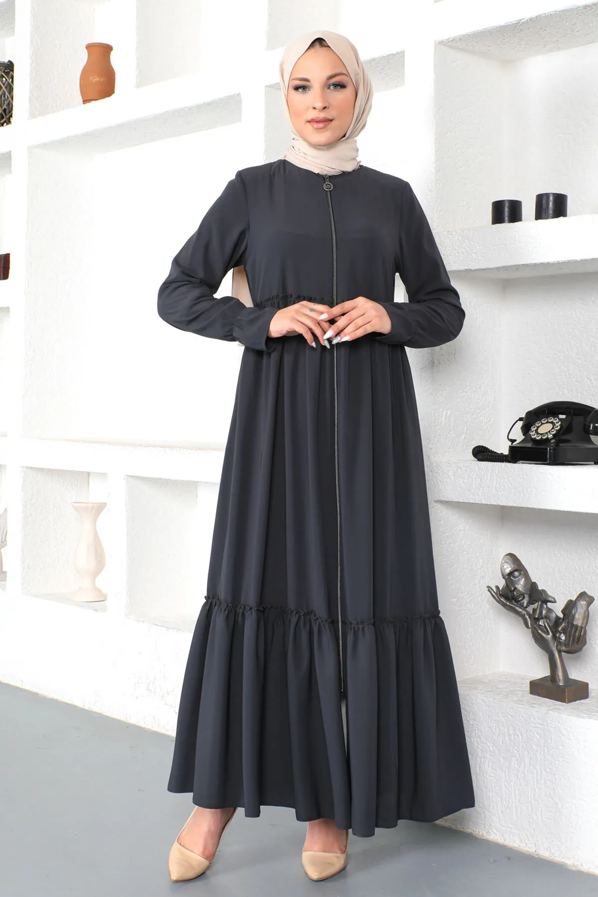 Tesettür Dünyası  Volant Hijab Abaya Tsd230335 Anthrazit
