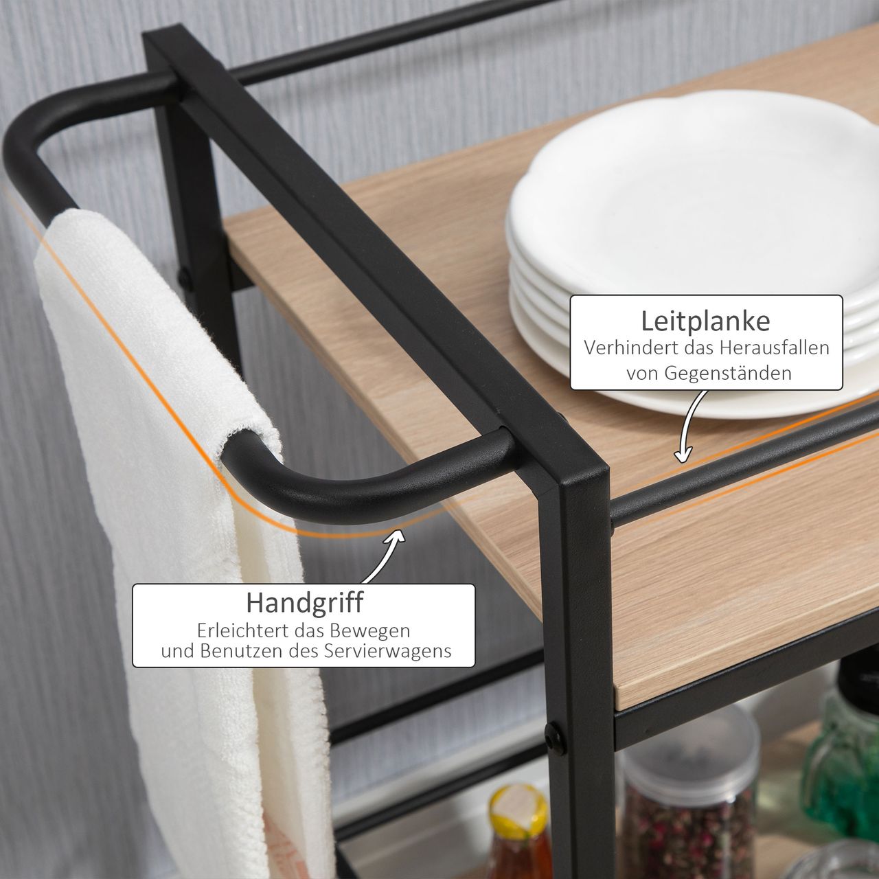 HOMCOM Küchenwagen Servierwagen Aufbewahrungswagen Beistellwagen mit 2 Ebenen und Griff Rollenwagen für Küche Esszimmer Wohnzimmer Belastbarkeit 60 kg Spanplatte 82 x 40 x 75 cm