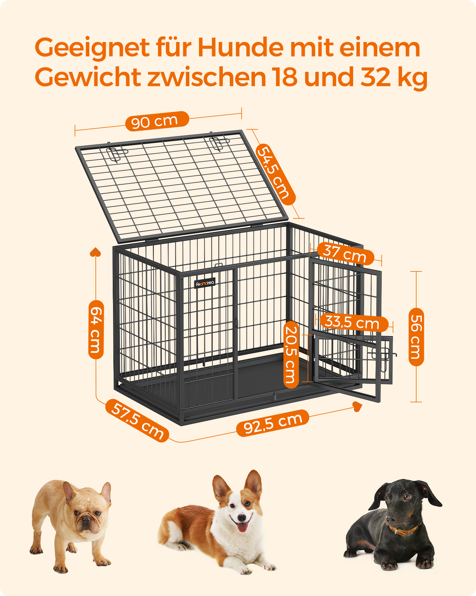 FEANDREA Erziehungshilfen FEANDREA L/XL Hundekäfig hochbelastbar 92,5 cm, 57,5 cm, 64 cm