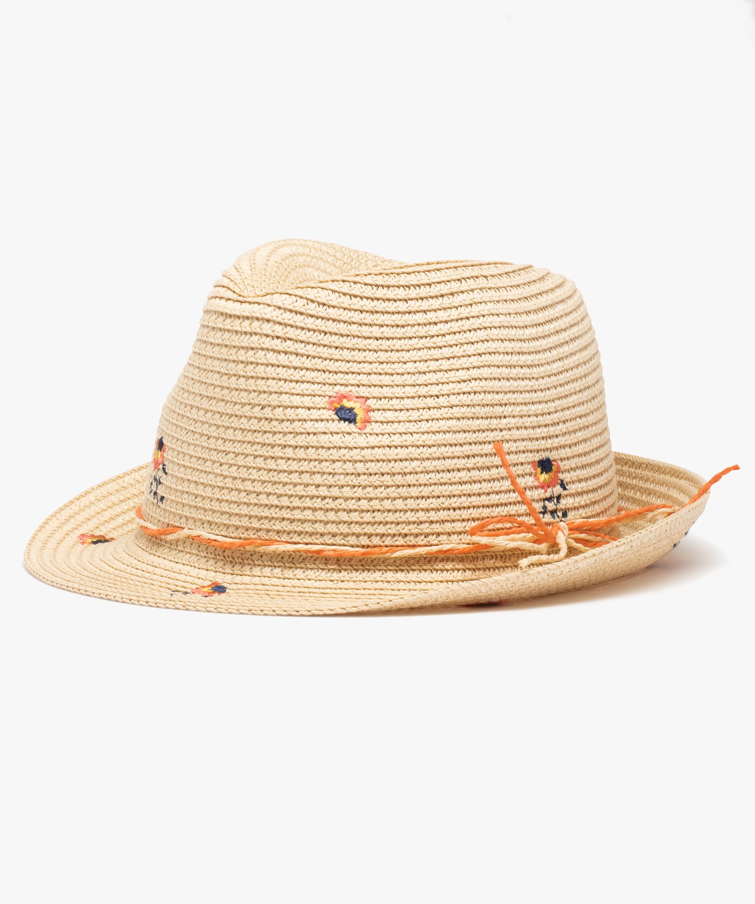 Chapeau fille en paille avec broderies fleuries beige | GEMO
