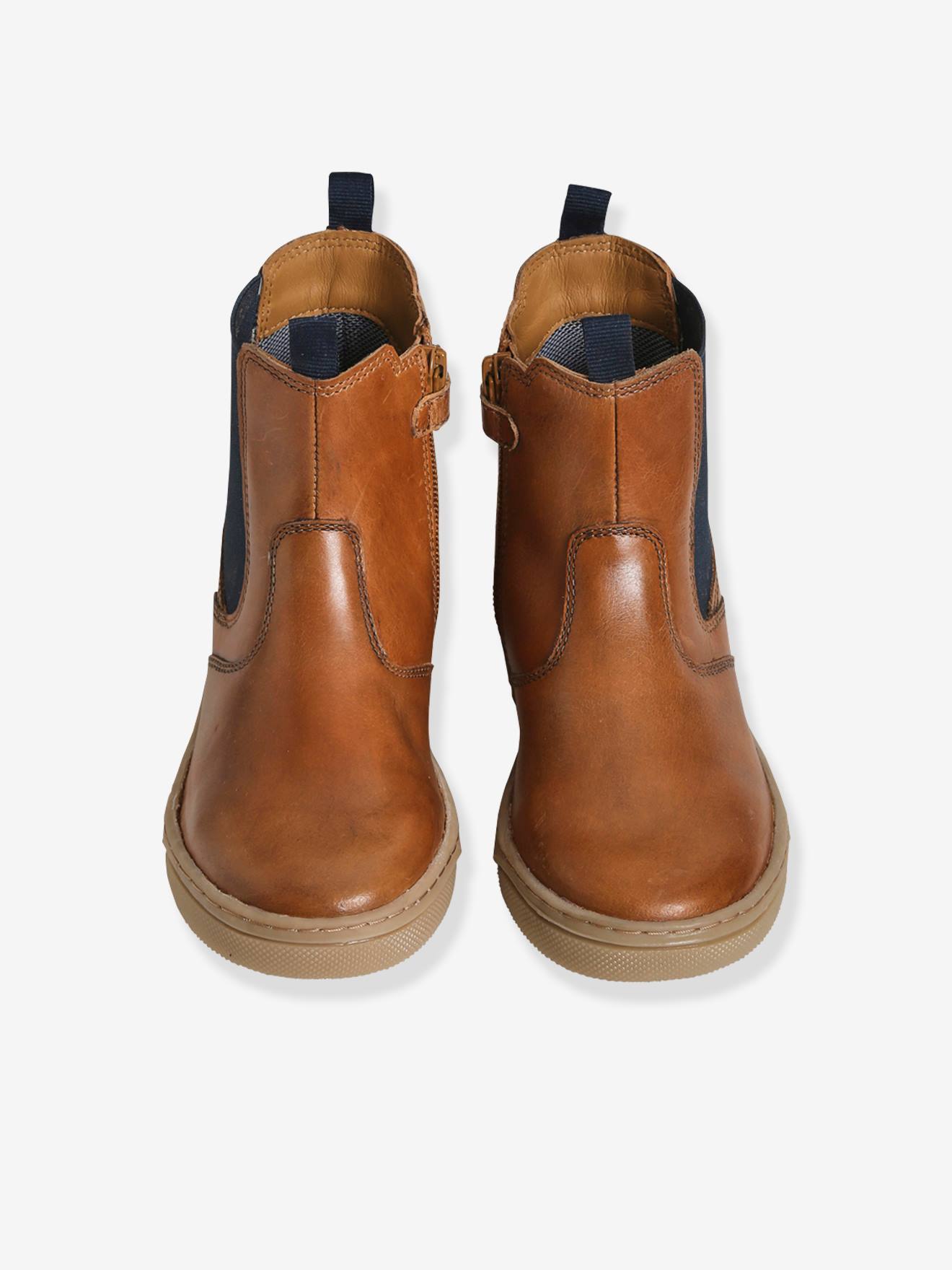 Boots cuir garçon zippés et élastiqués marron