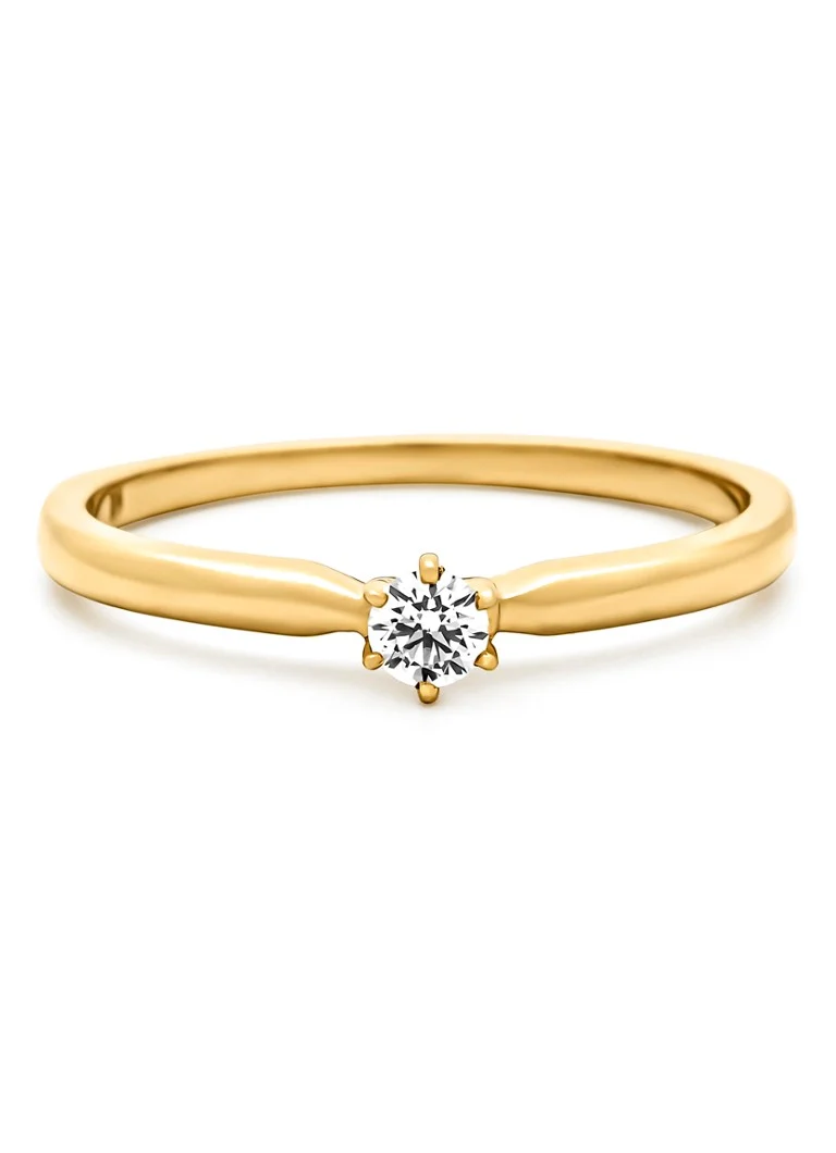 Inel cu vârf de diamant din aur galben, diamant de 0.10 ct, motiv cu inimioare și săgeți.