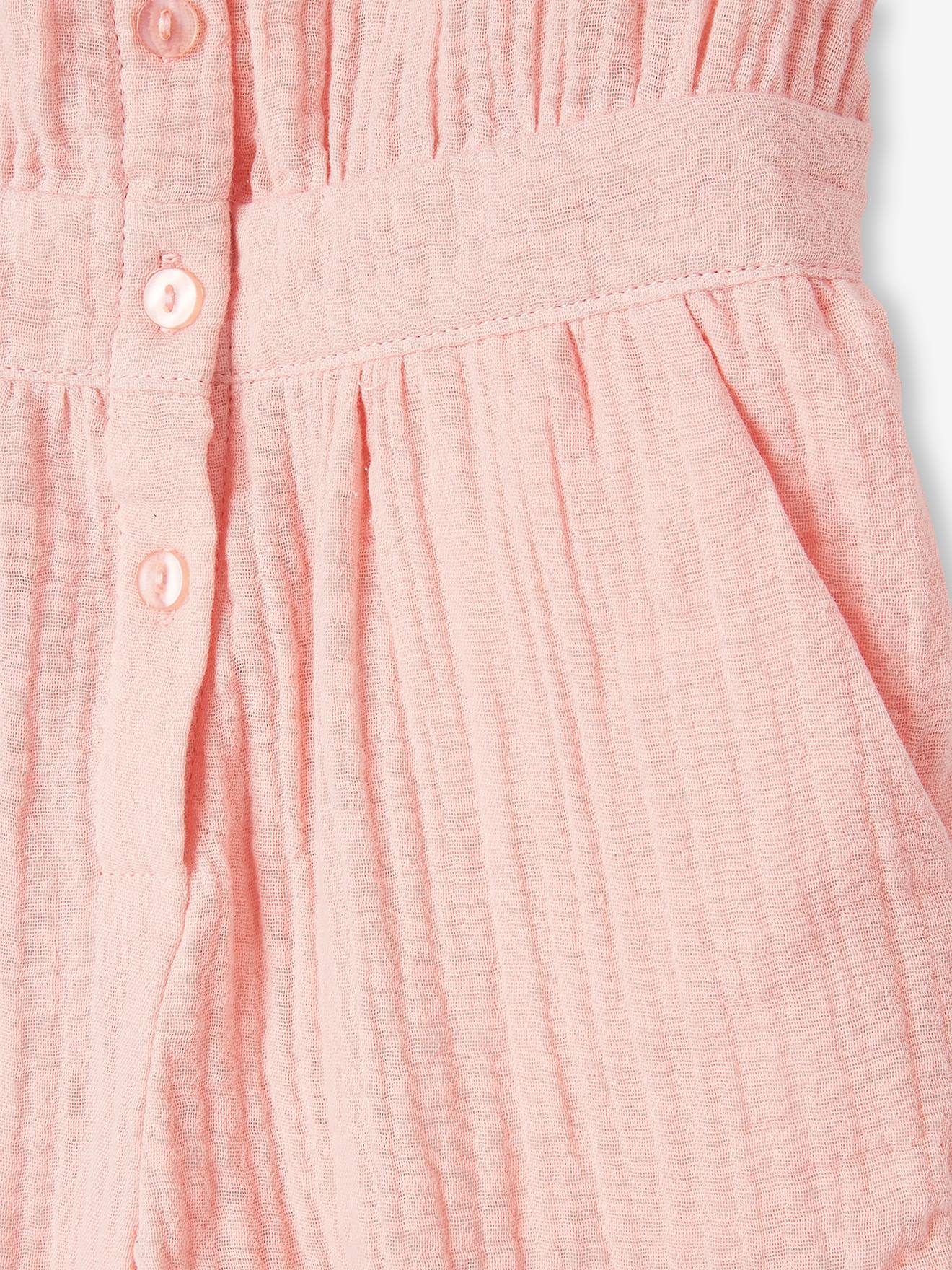 Vertbaudet Mädchen Jumpsuit aus Musselin, bestickter Kragen - salbeigrün