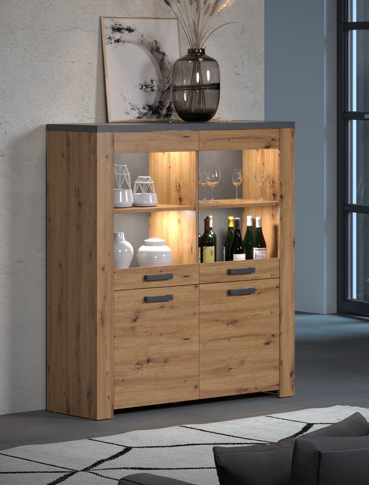 trendteam Highboard Follow (Schrank in Eiche Artisan mit grau, 127 x 139 cm), mit 8 Fächern