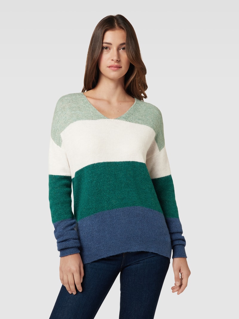 Strickpullover mit Blockstreifen in dunkelgrün meliert