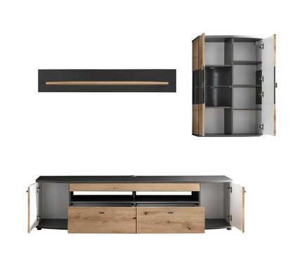 58 aufm Kessel Wohnwand Wohnkombination Jacinthe 235x200x46 Eiche/Anthrazit/Anthrazit HG 10184, (Komplettset, 3-St), Türen mit Selbsteinzug und Dämpfung