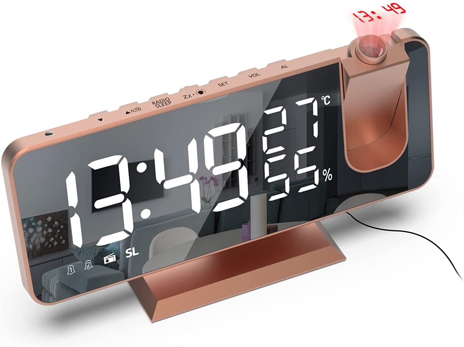 Mutoy Projektionswecker Projektionswecker, Projektions Radio Wecker digital mit Dual-Alarm 180° Projektor,LED-Anzeige, Snooze,4 Projektionshelligkeit,32FM Radio