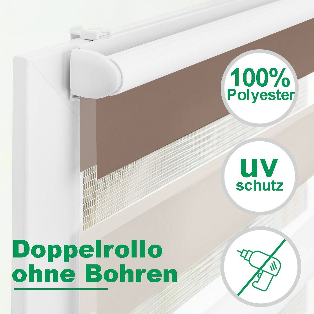Doppelrollo ohne Bohren, Weiß-Beige-Braun/Weiß-Grau-Anthrazit, OUBO, Lichtdurchlässig Rollo für Fenster & Tür, Klemmfix, Klemmträger, Lichtschutz schnelle und einfache Montage mit beiliegendem