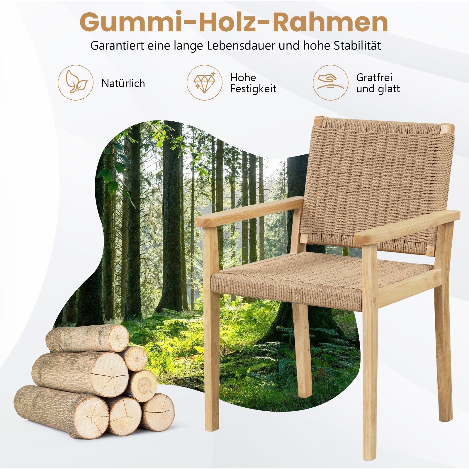 COSTWAY Gartenstuhl, Esszimmerstühle, 2er Set, mit Lehne, Holz, 180kg