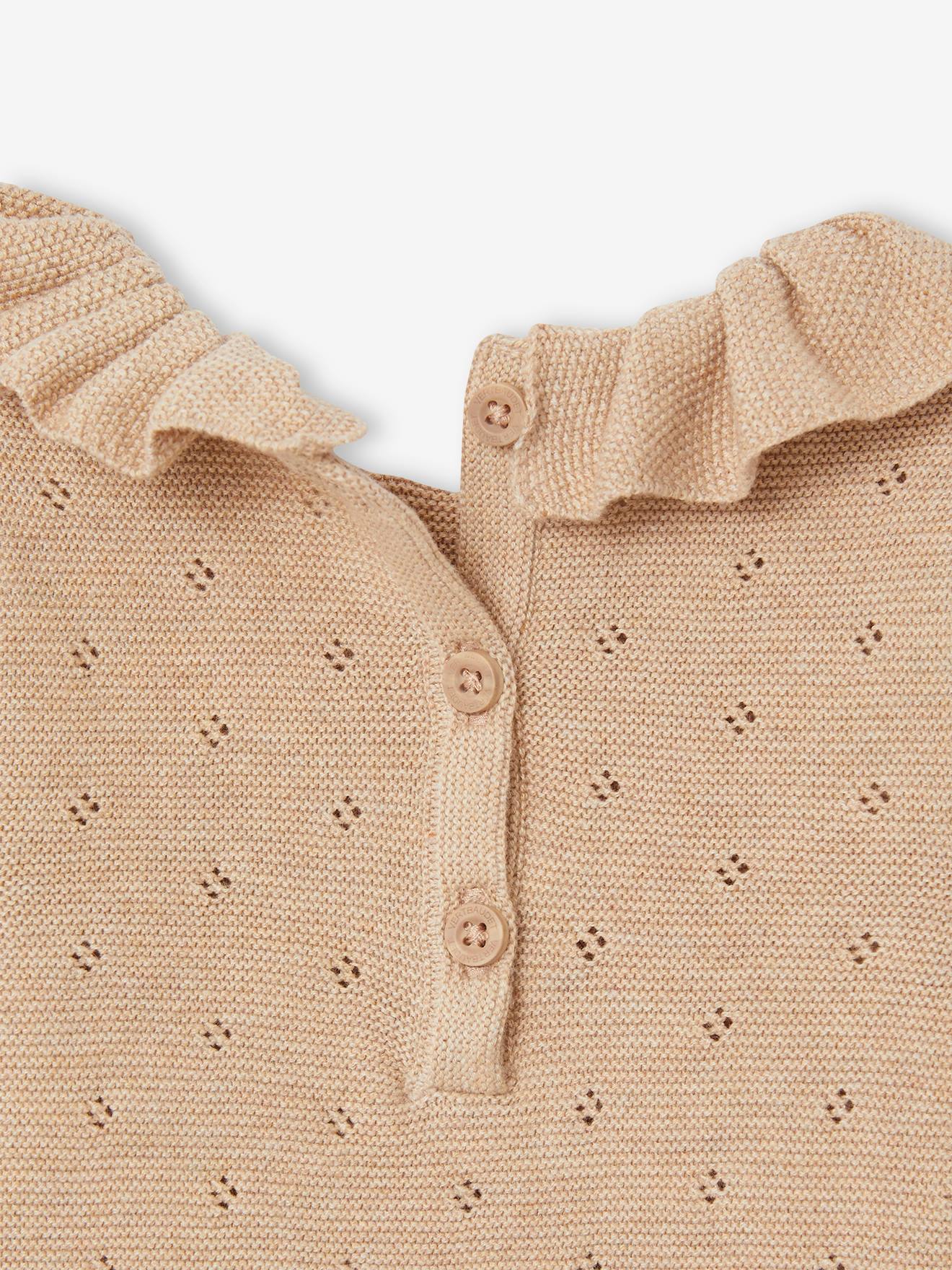 Vertbaudet Baby-Set: Strick-Kurzoverall mit langen Ärmeln & Mütze Oeko-Tex - beige meliert