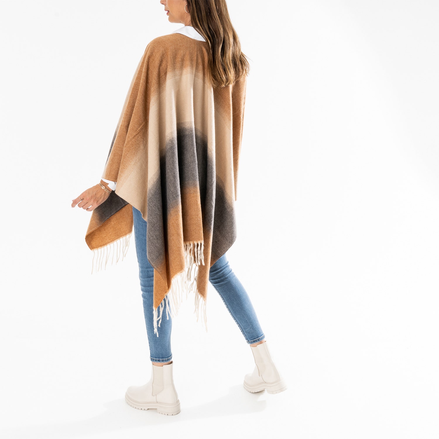 Poncho beige, gris et camel à rayures