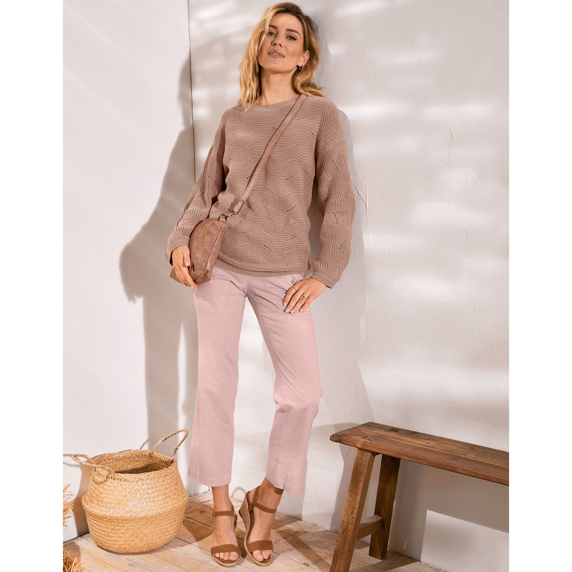 Pantalon coupe droite 7/8ème taille élastiquée, lin coton