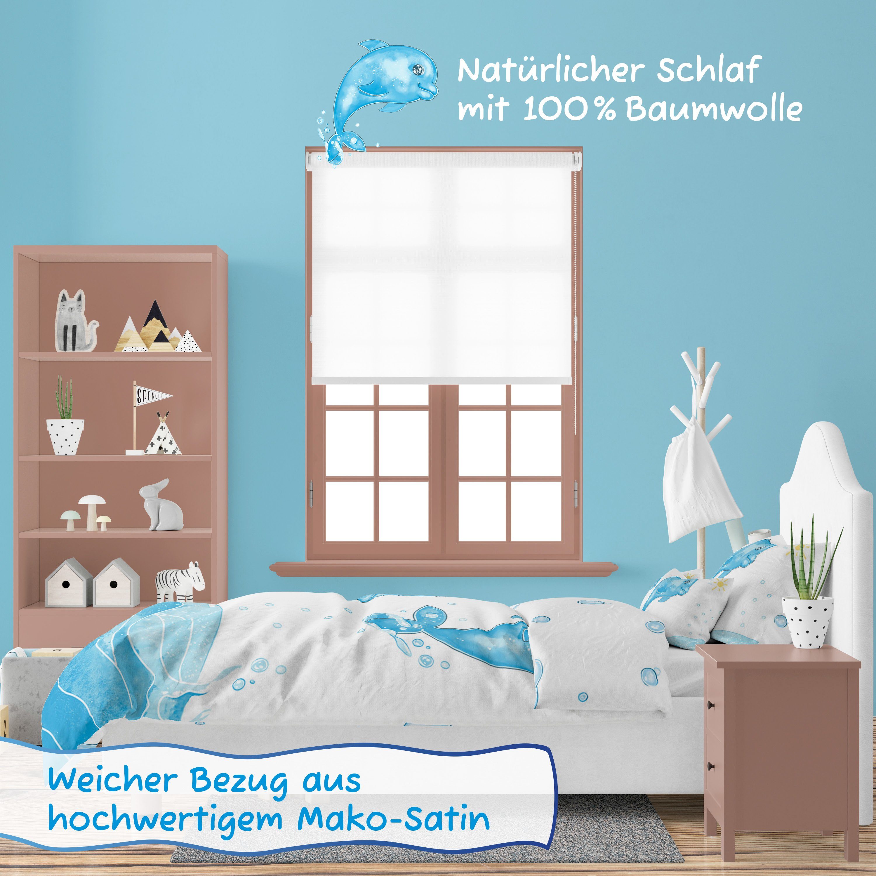 Kinderbettwäsche Wendebettwäsche Delfin, Koru Kids, 100%Baumwolle (Mako Satin), 2 teilig, als Kinderbettwäsche 135x200 oder Babybettwäsche 100x135