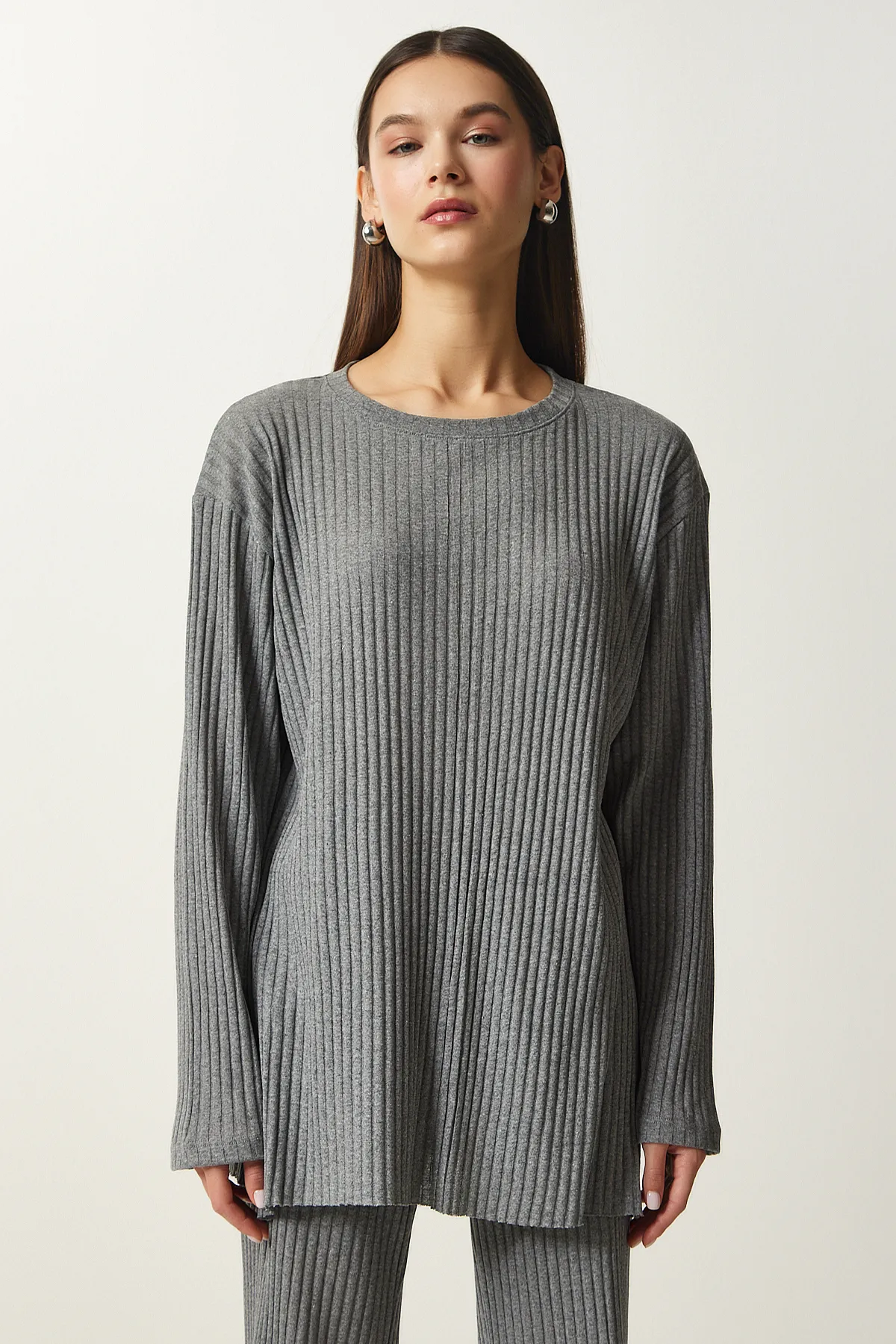 Happiness İstanbul  Set aus geräucherter Cord-Strickbluse und Hose für Damen OW00008