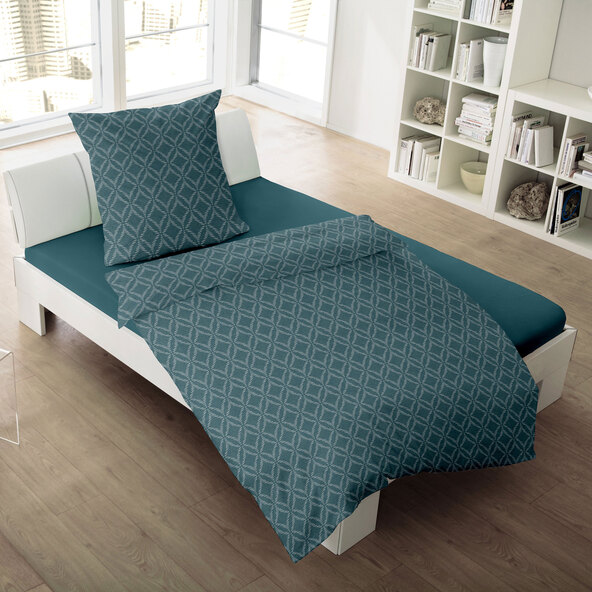 Bettwäsche Jacquard-Feinbiber, 155/220 + 80/80 cm, Grafik petrol