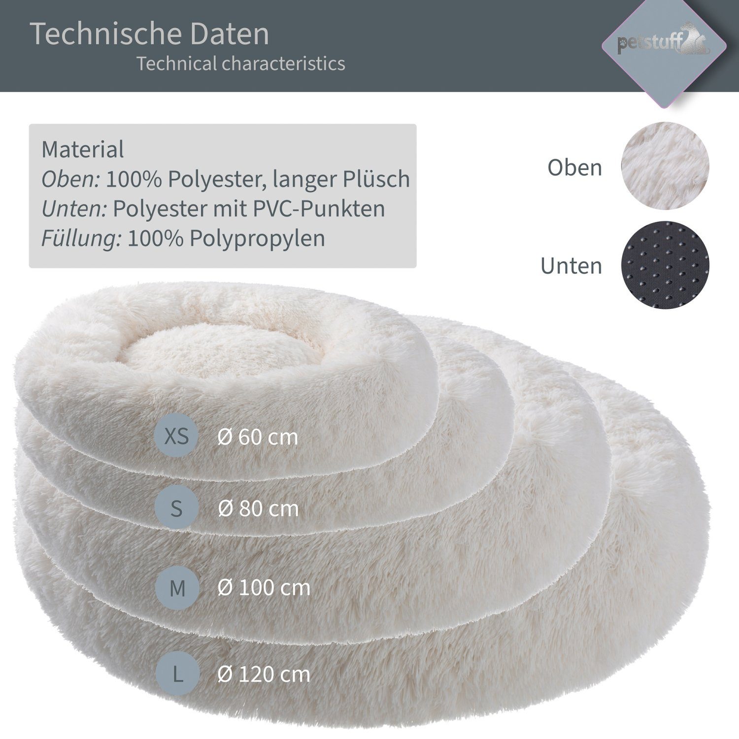PETSTUFF Tierkissen Hundekissen Hundebett Hundematratze Hundematte, Tierbett, rund, waschbar, flauschig, Farb- und Größenwahl